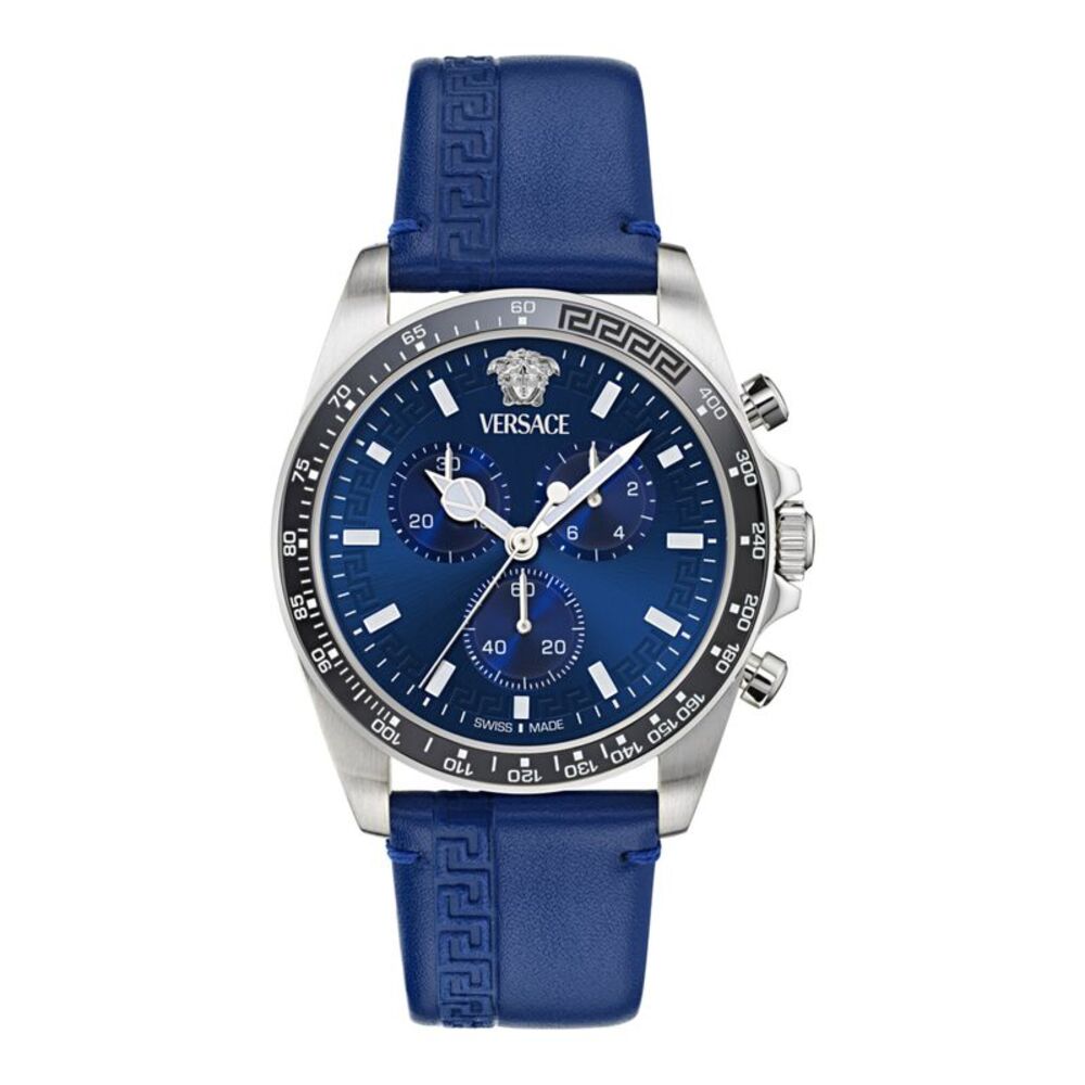 Versace Greca Chrono Wave Leather Watch Silver Mens